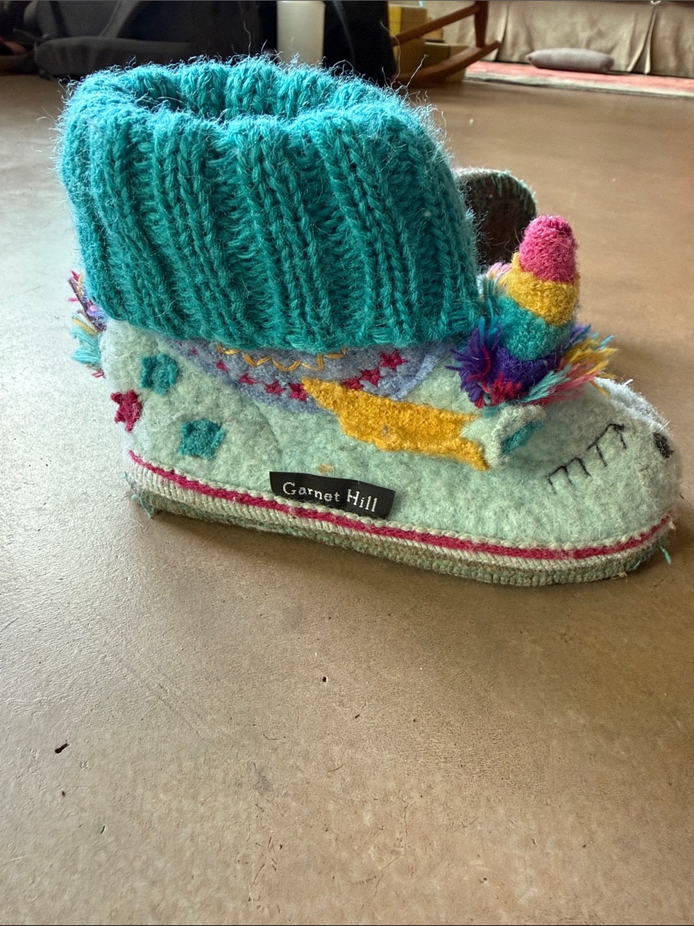 Garnet Hill Kids Wool Unicorn Slipper Boots in Teal and Multicolor
